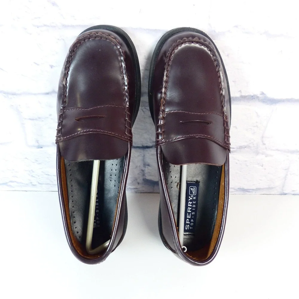 Sperry Colton Penny Loafer Leather Boys 5M Burgundy Dress Shoes Dark Brown NWOB